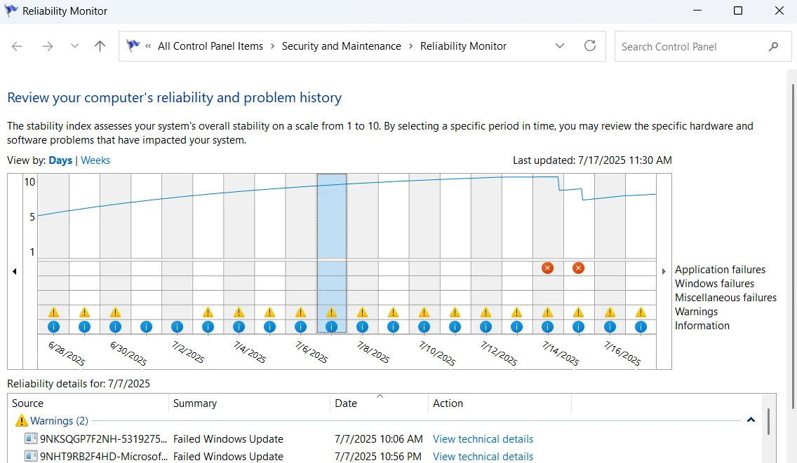 Cửa sổ Reliability Monitor trong Windows 11 hiển thị biểu đồ độ ổn định và các sự kiện hệ thống