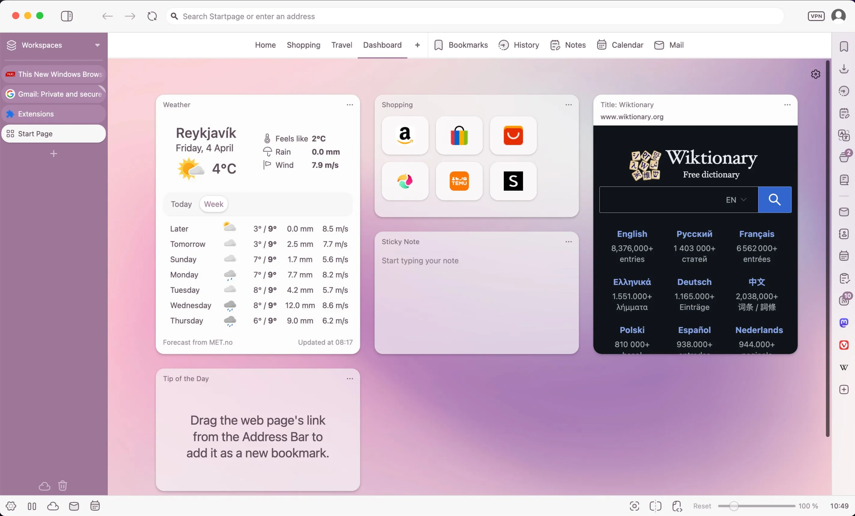 Cửa sổ tab mới của trình duyệt Vivaldi với bảng điều khiển tùy chỉnh, hiển thị thông tin tổng quan