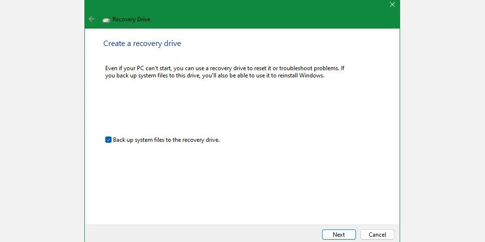 Cửa sổ Tạo ổ đĩa khôi phục trên Windows 10 để phục hồi hệ thống.