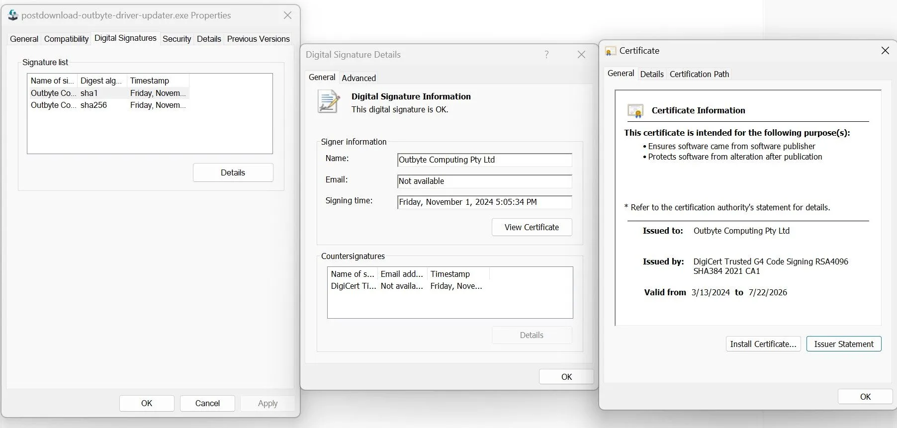 Cửa sổ thuộc tính của tệp tin EXE trong Windows hiển thị tab Chữ ký số để kiểm tra chứng chỉ bảo mật