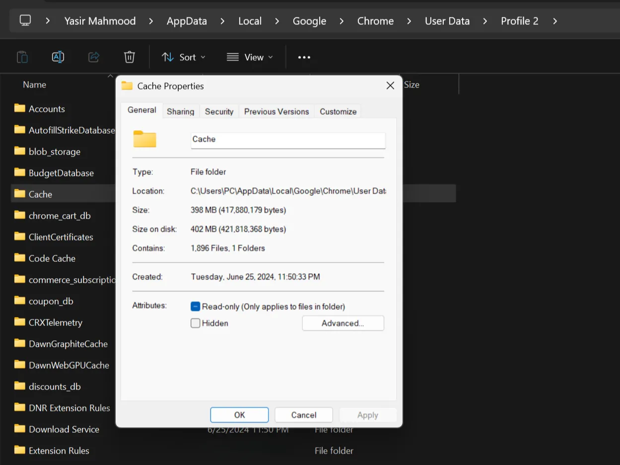Cửa sổ thuộc tính của thư mục Cache trong Google Chrome trên Windows, hiển thị dung lượng bộ nhớ đệm
