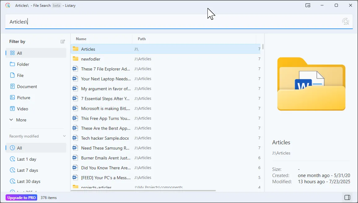 Cửa sổ tìm kiếm File Search Window của Listary với các tùy chọn lọc file nâng cao