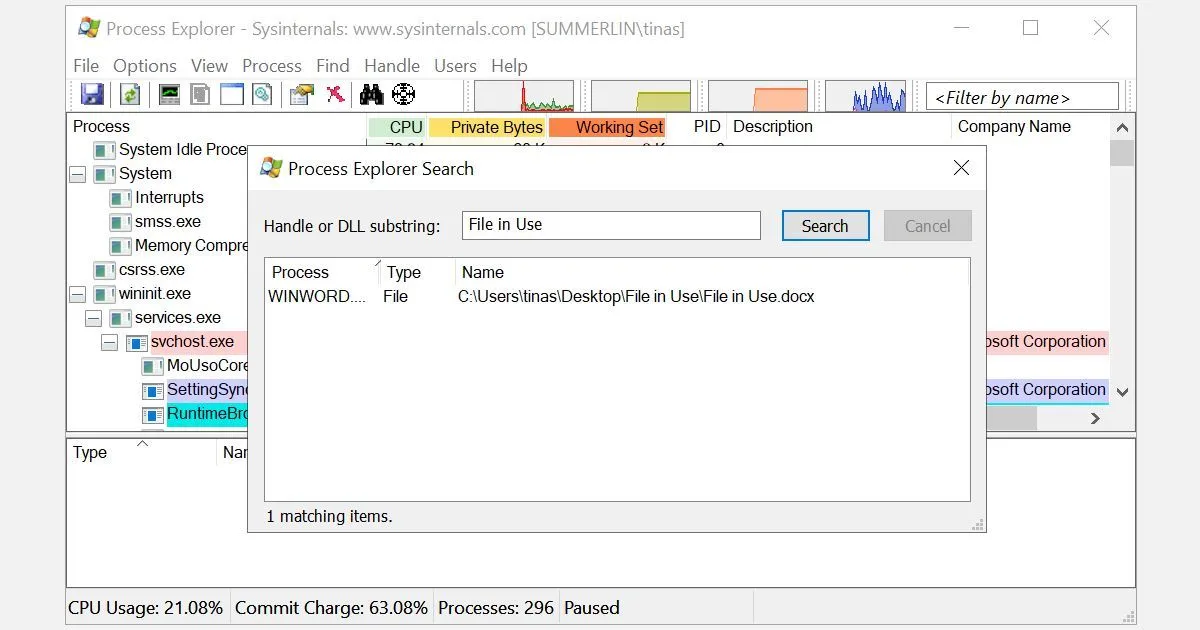 Cửa sổ tìm kiếm Handle hoặc DLL trong Process Explorer