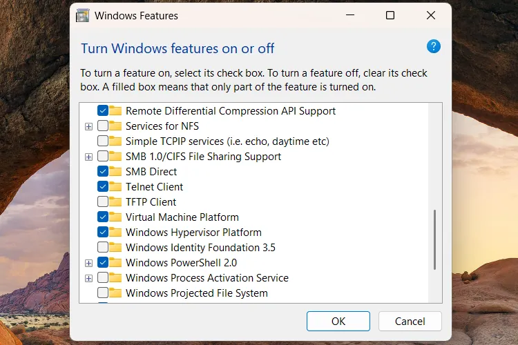 Cửa sổ Tính năng Windows để bật hoặc tắt Telnet Client.