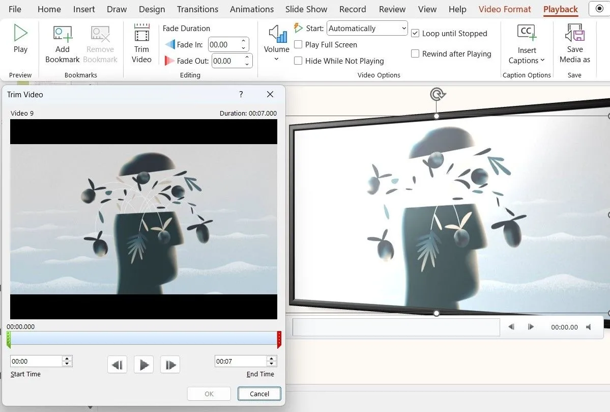 Cửa sổ Trim Video trong PowerPoint để cắt video, điều chỉnh âm lượng và hiệu ứng mờ dần