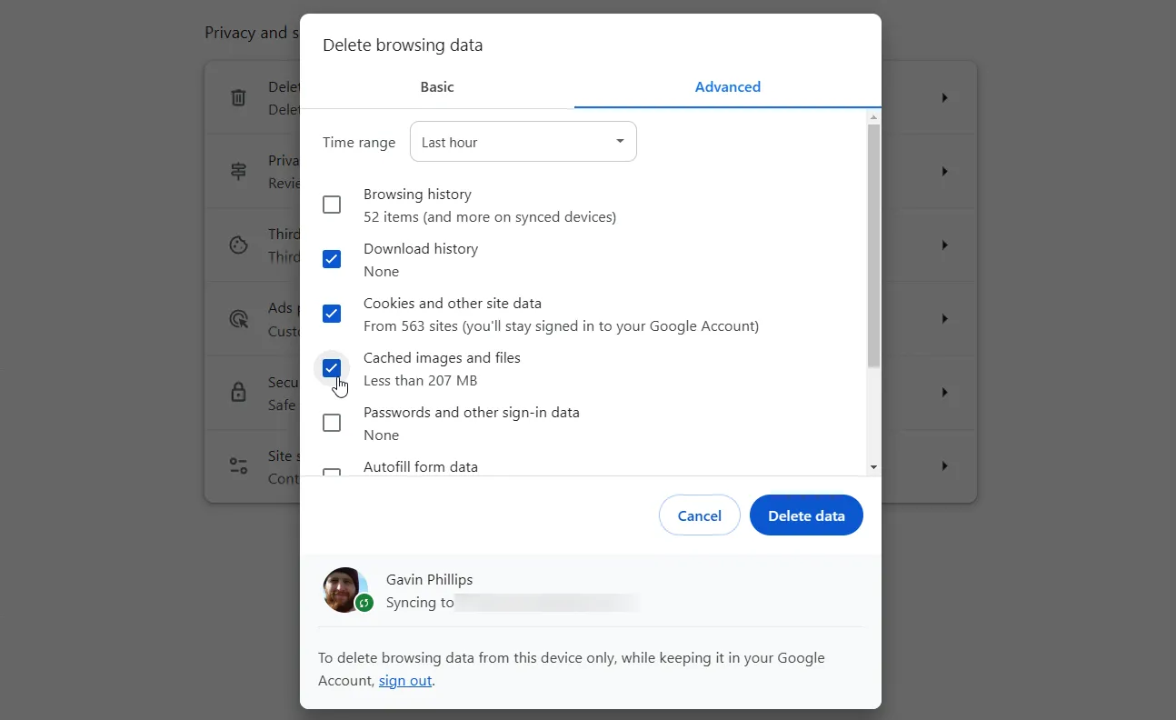 Cửa sổ tùy chọn xóa dữ liệu duyệt web của Google Chrome, hiển thị các lựa chọn xóa bộ nhớ đệm và cookie