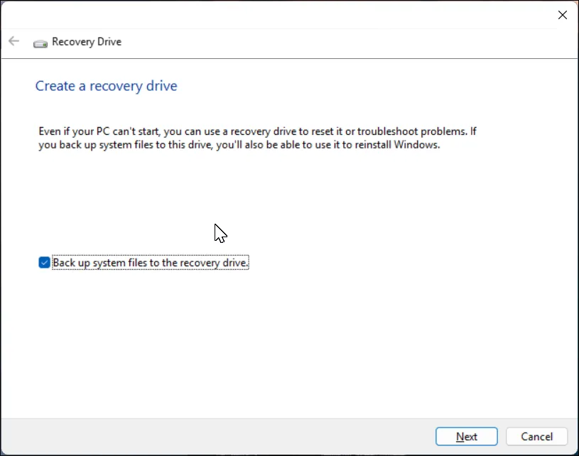 Cửa sổ ứng dụng tạo ổ đĩa khôi phục (Recovery Drive) trên Windows 11 để sao lưu các tệp hệ thống quan trọng