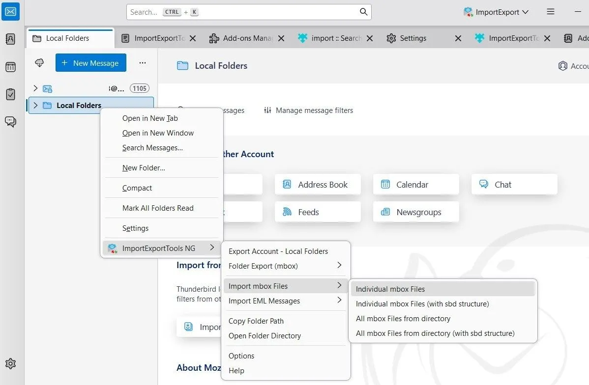 Cửa sổ ứng dụng Thunderbird hiển thị tùy chọn nhập file MBOX thông qua ImportExportTools NG