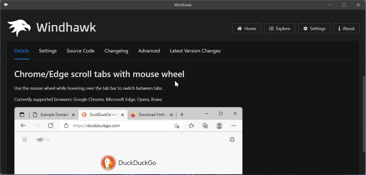 Cửa sổ Windhawk hiển thị thông tin mod Chrome/Edge Scroll Tabs With Mouse Wheel cho phép cuộn tab trình duyệt dễ dàng trên Windows 11