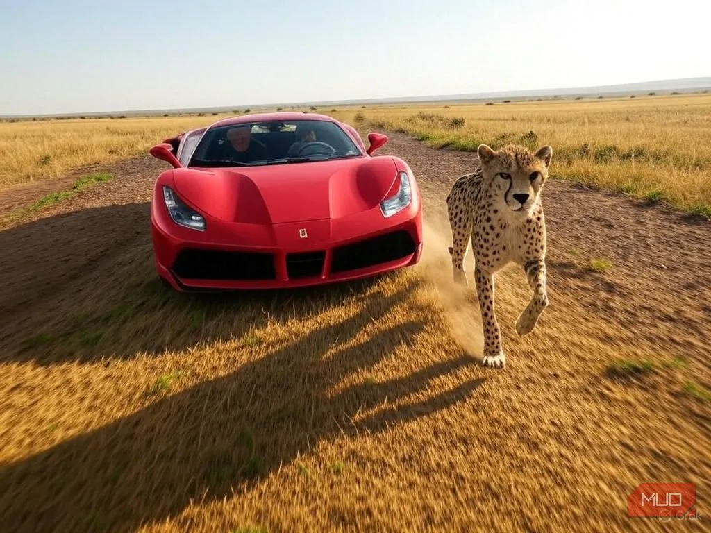 Cuộc đua kịch tính giữa một siêu xe thể thao và báo cheetah, minh họa khả năng tạo hình ảnh linh hoạt của Grok AI