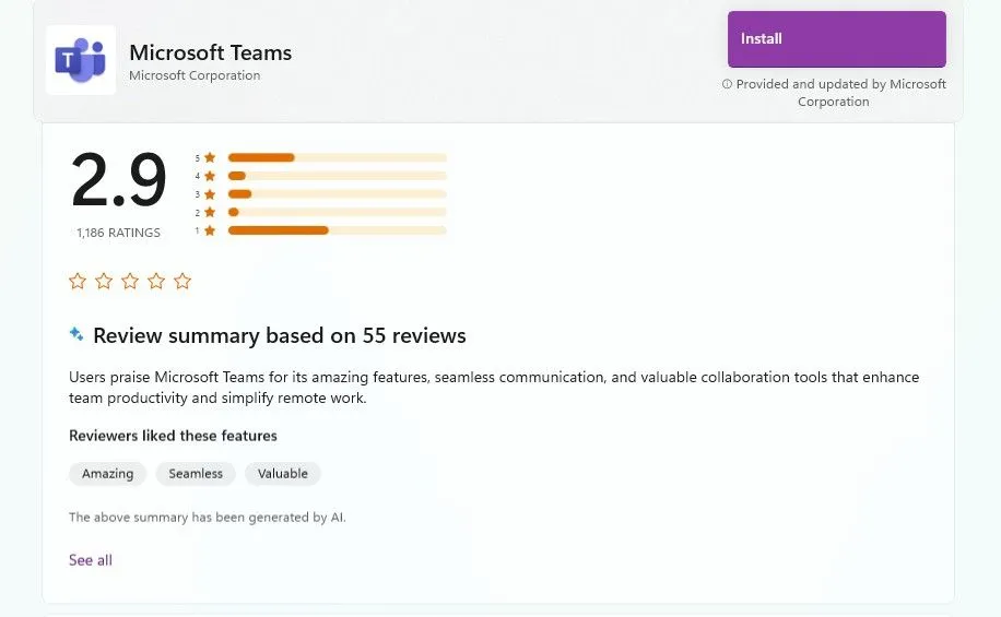 Đánh giá sao trung bình của Microsoft Teams trên Microsoft Store
