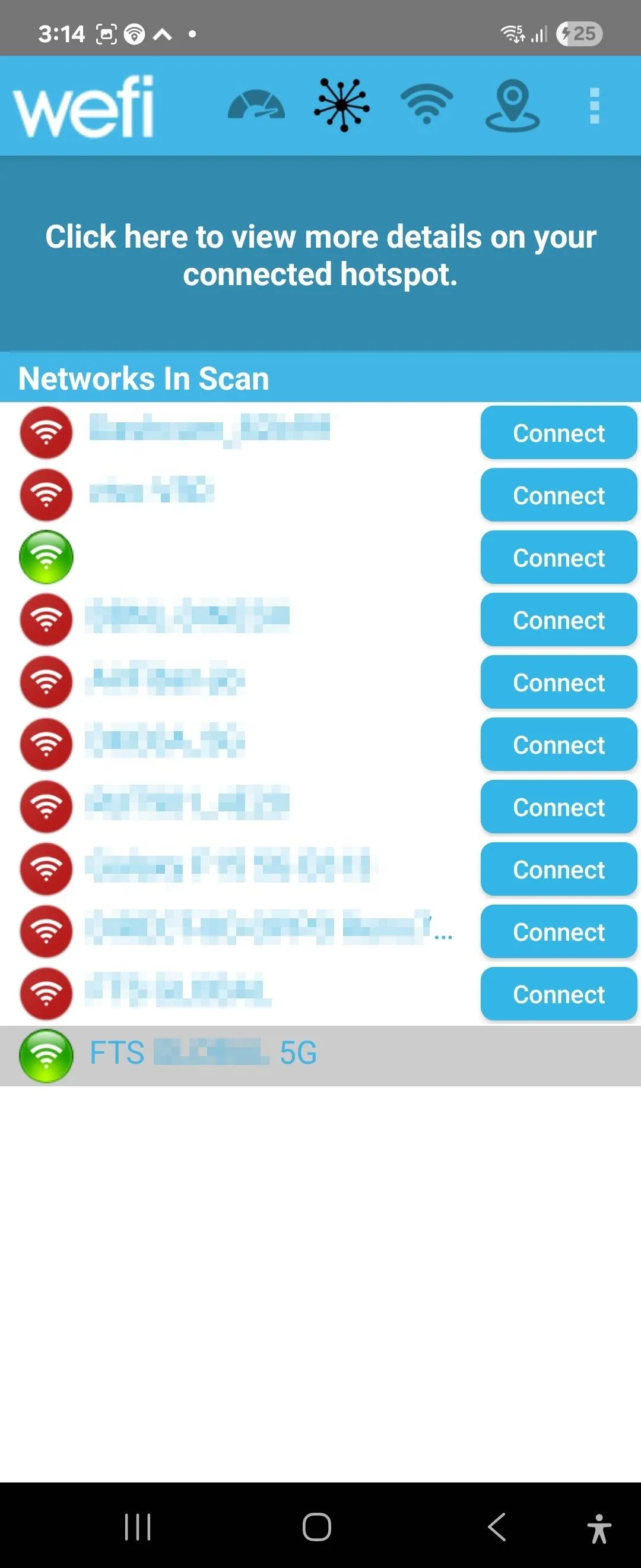 Danh sách các điểm phát Wi-Fi trên ứng dụng WeFi trên điện thoại Android