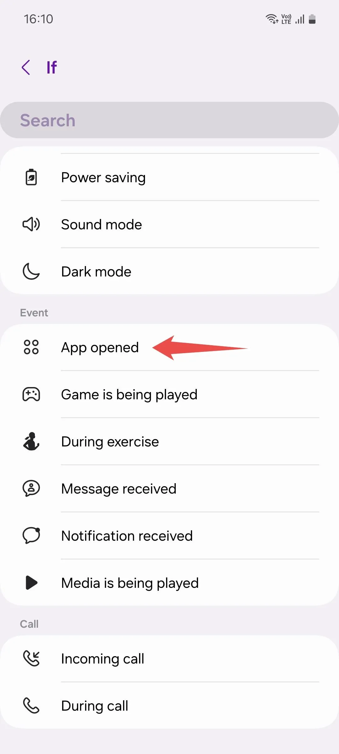 Danh sách các điều kiện kích hoạt khi tạo Quy trình tự động trên Samsung.