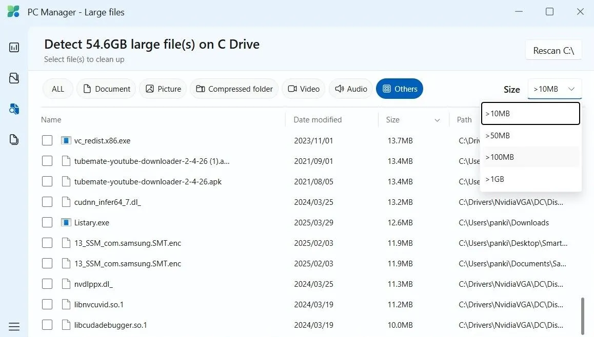 Danh sách các file dung lượng lớn được hiển thị trong giao diện của PC Manager