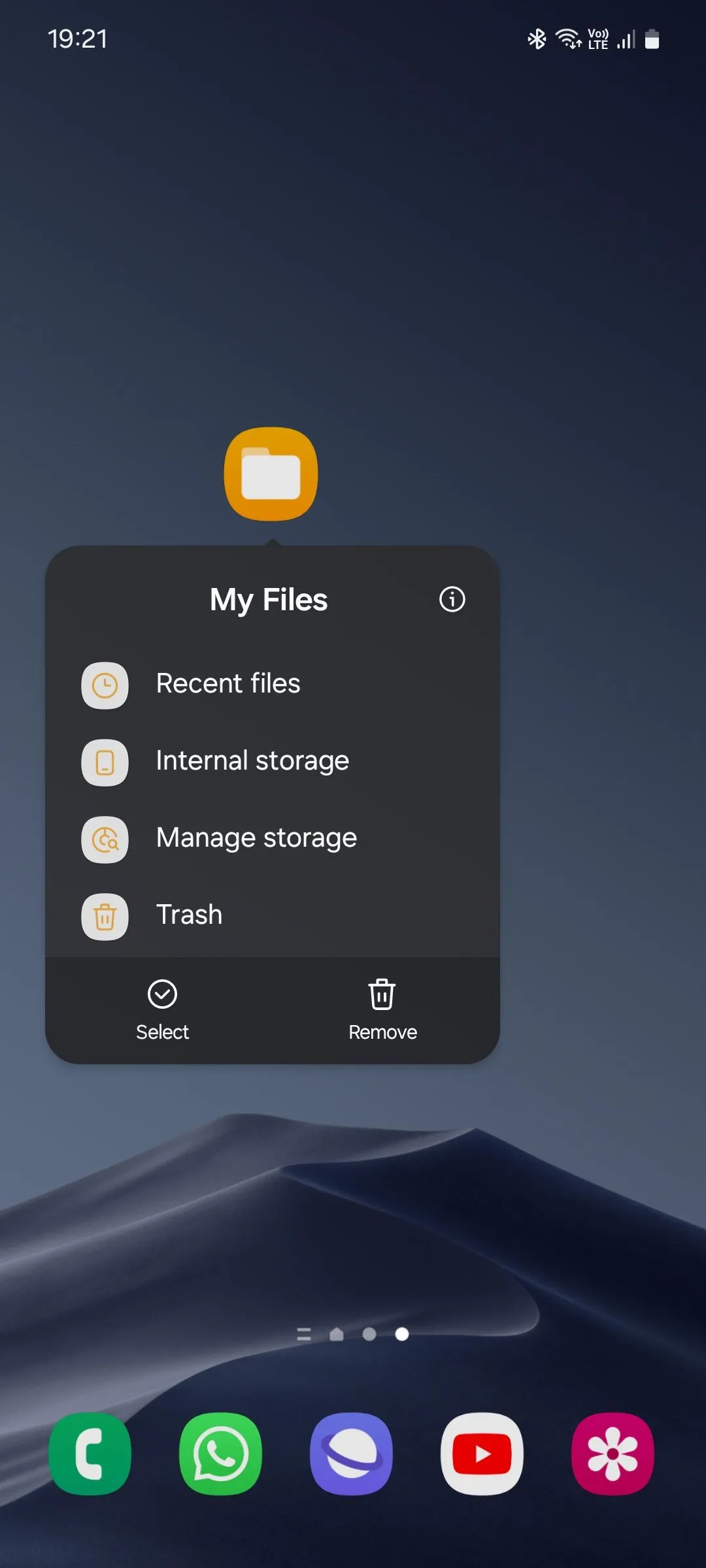 Danh sách các lối tắt ứng dụng Samsung My Files, bao gồm tùy chọn Tệp gần đây