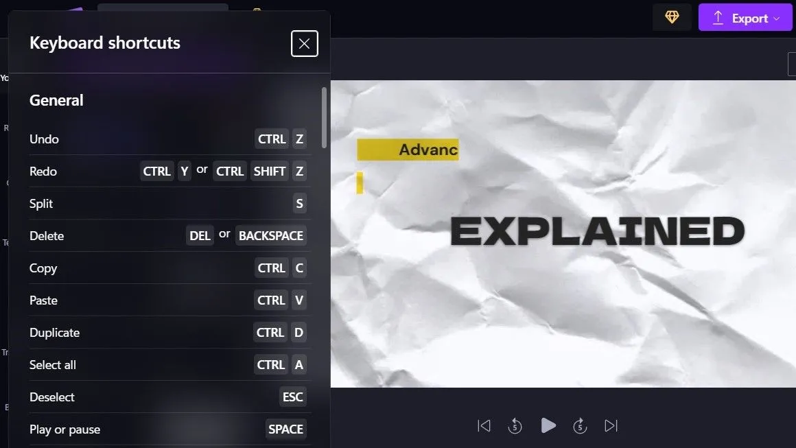 Danh sách các phím tắt bàn phím thông dụng trong Microsoft Clipchamp giúp tăng tốc chỉnh sửa