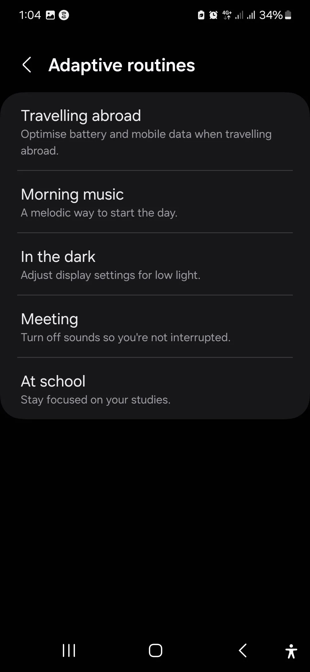 Danh sách các quy trình thích ứng có sẵn trong ứng dụng Samsung Modes and Routines