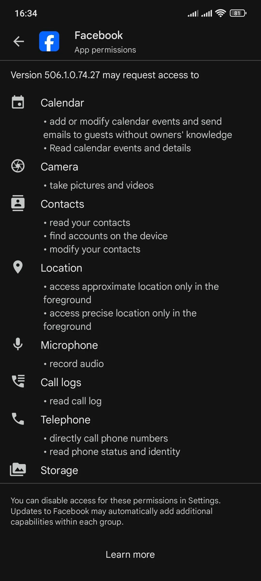 Danh sách các quyền ứng dụng mà Facebook yêu cầu trên Google Play Store, bao gồm quyền truy cập ảnh và video