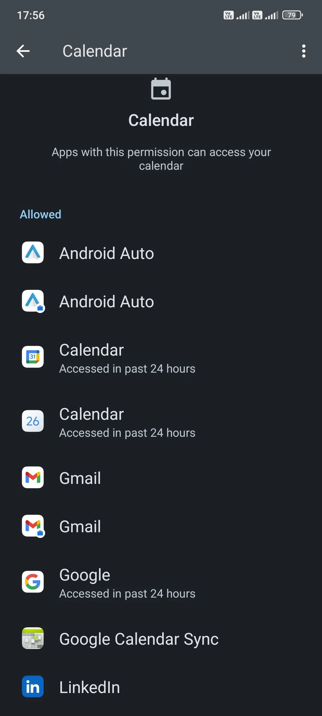 Danh sách các ứng dụng được cấp quyền truy cập Lịch trên điện thoại Android, minh họa cách kiểm soát quyền ứng dụng