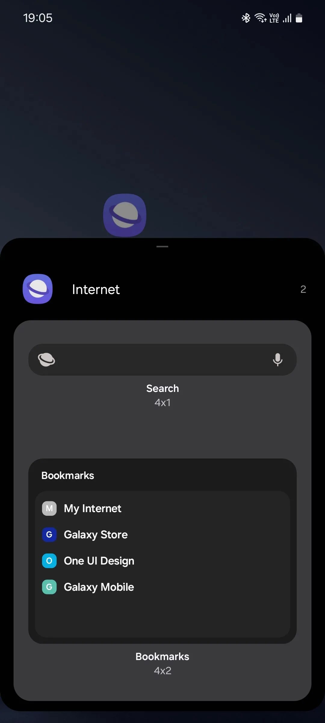 Danh sách các widget có sẵn trong ứng dụng Samsung Internet