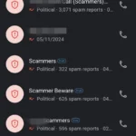 Danh sách cuộc gọi được xác định là spam và lừa đảo bởi ứng dụng Truecaller.
