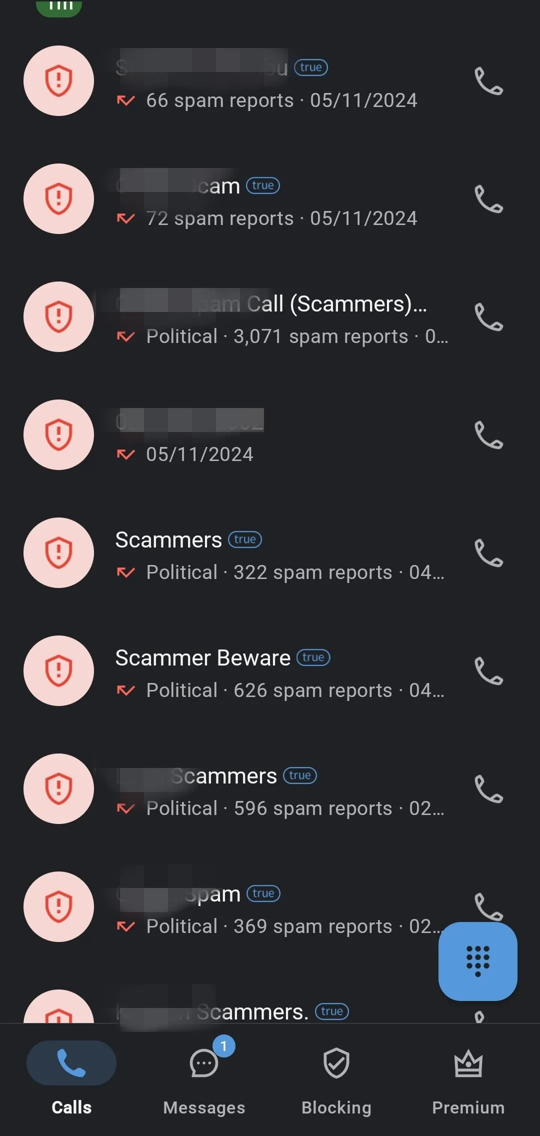 Danh sách cuộc gọi được xác định là spam và lừa đảo bởi ứng dụng Truecaller.