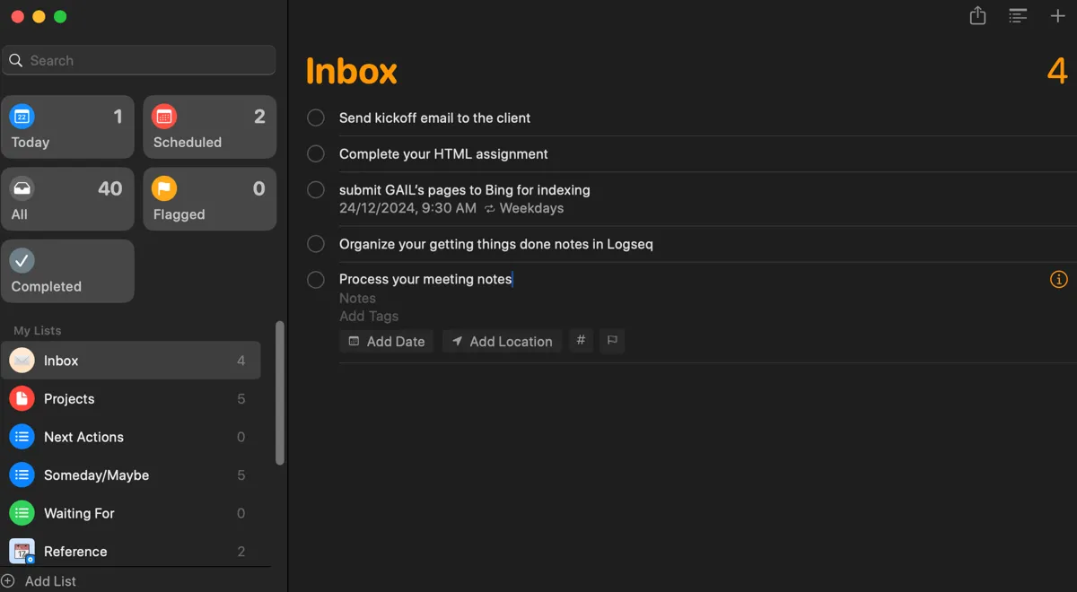 Danh sách &quot;Hộp thư đến&quot; (Inbox List) trong ứng dụng Lời nhắc (Reminders), dùng để quản lý các công việc cần hành động