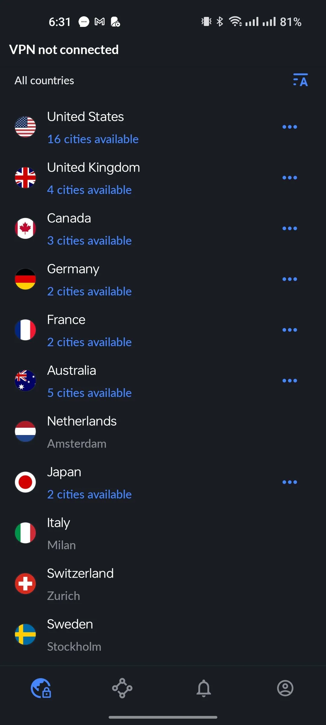 Danh sách máy chủ các quốc gia trong ứng dụng NordVPN