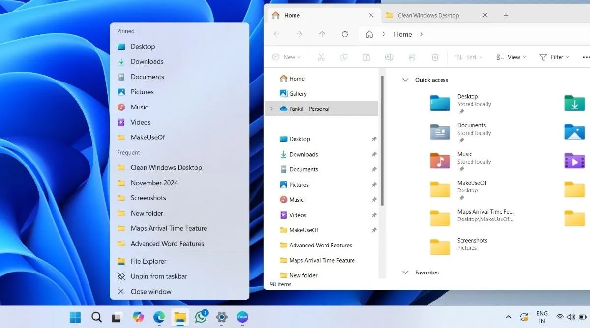Danh sách nhảy (Jump List) trên Taskbar và cửa sổ File Explorer đang mở trên desktop Windows.
