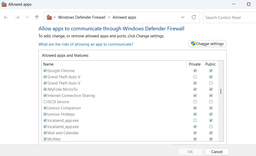 Danh sách ứng dụng được phép thông qua Tường lửa Windows Defender
