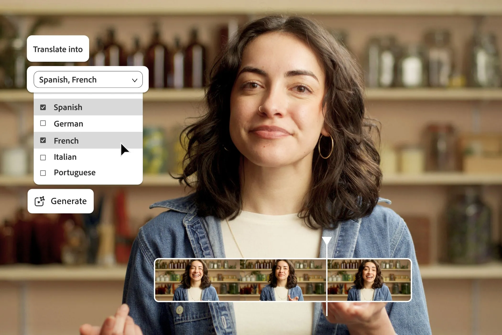 Dịch vụ dịch video của Adobe Firefly, hiển thị người phụ nữ nói và menu chọn ngôn ngữ