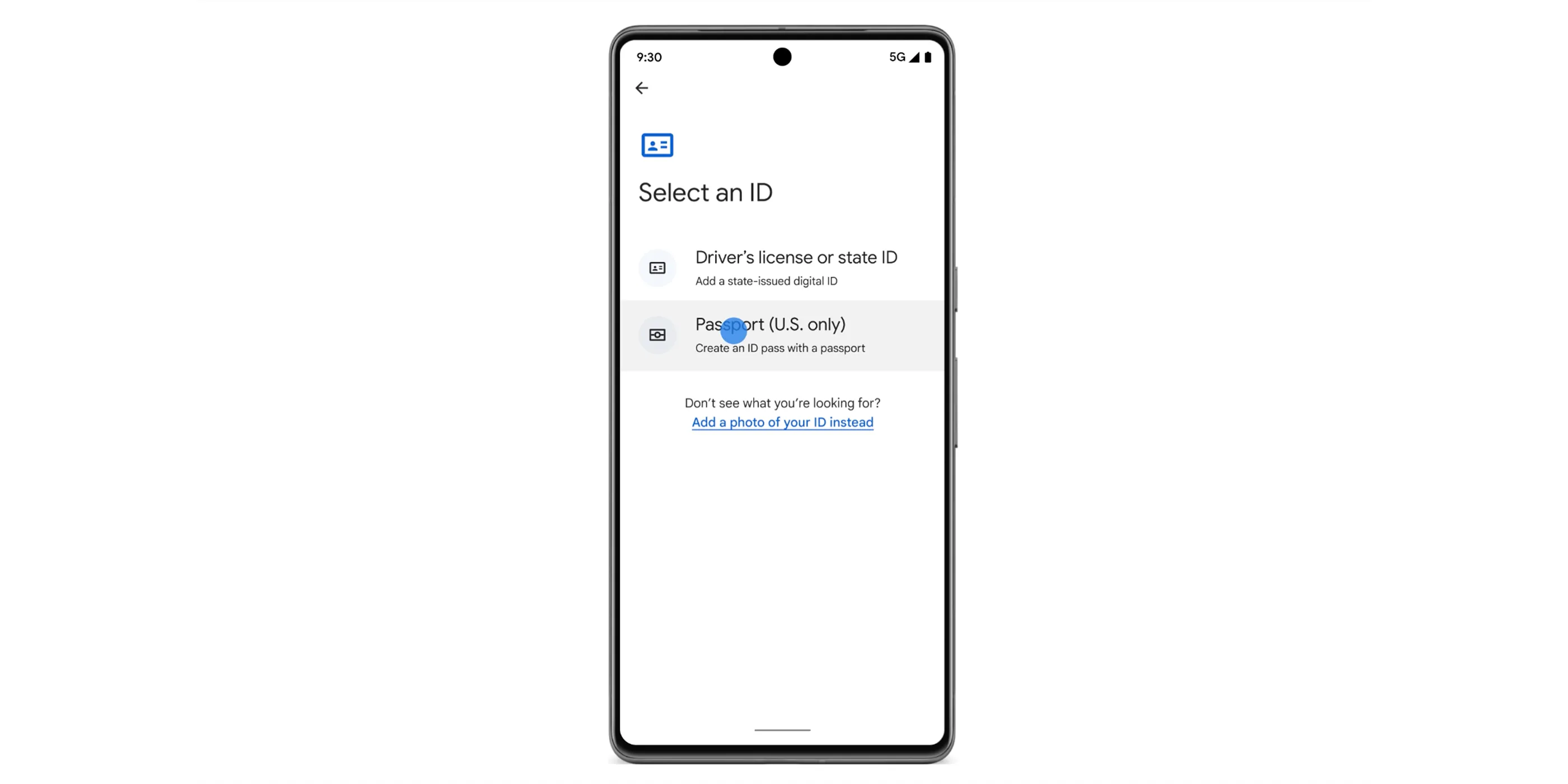 Điện thoại Android hiển thị giao diện Google Wallet với tùy chọn thêm hộ chiếu hoặc ID số.