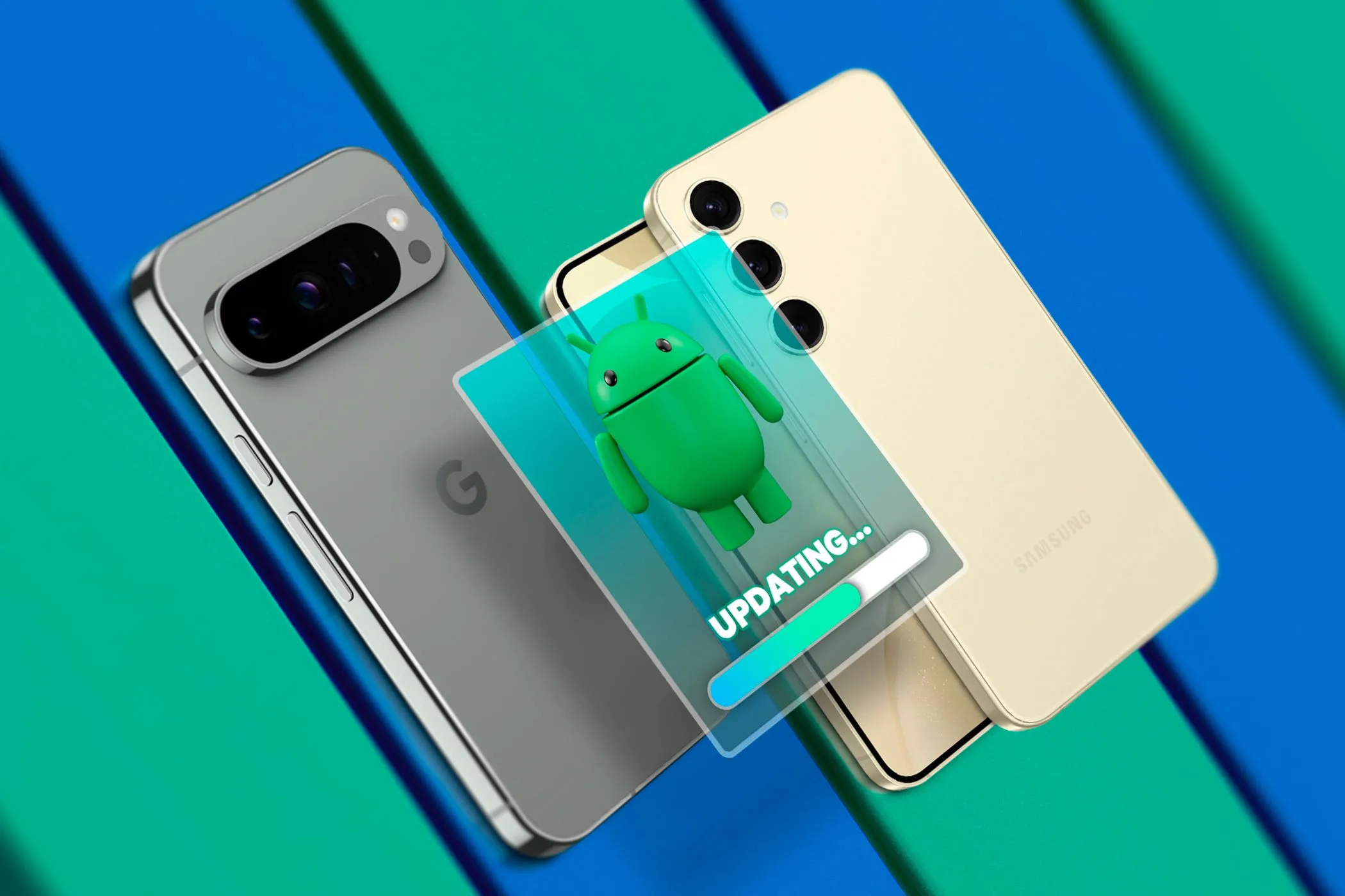 Điện thoại Google Pixel và Samsung Galaxy bên cạnh biểu tượng cập nhật Android, minh họa việc cập nhật hệ điều hành để bảo vệ thiết bị