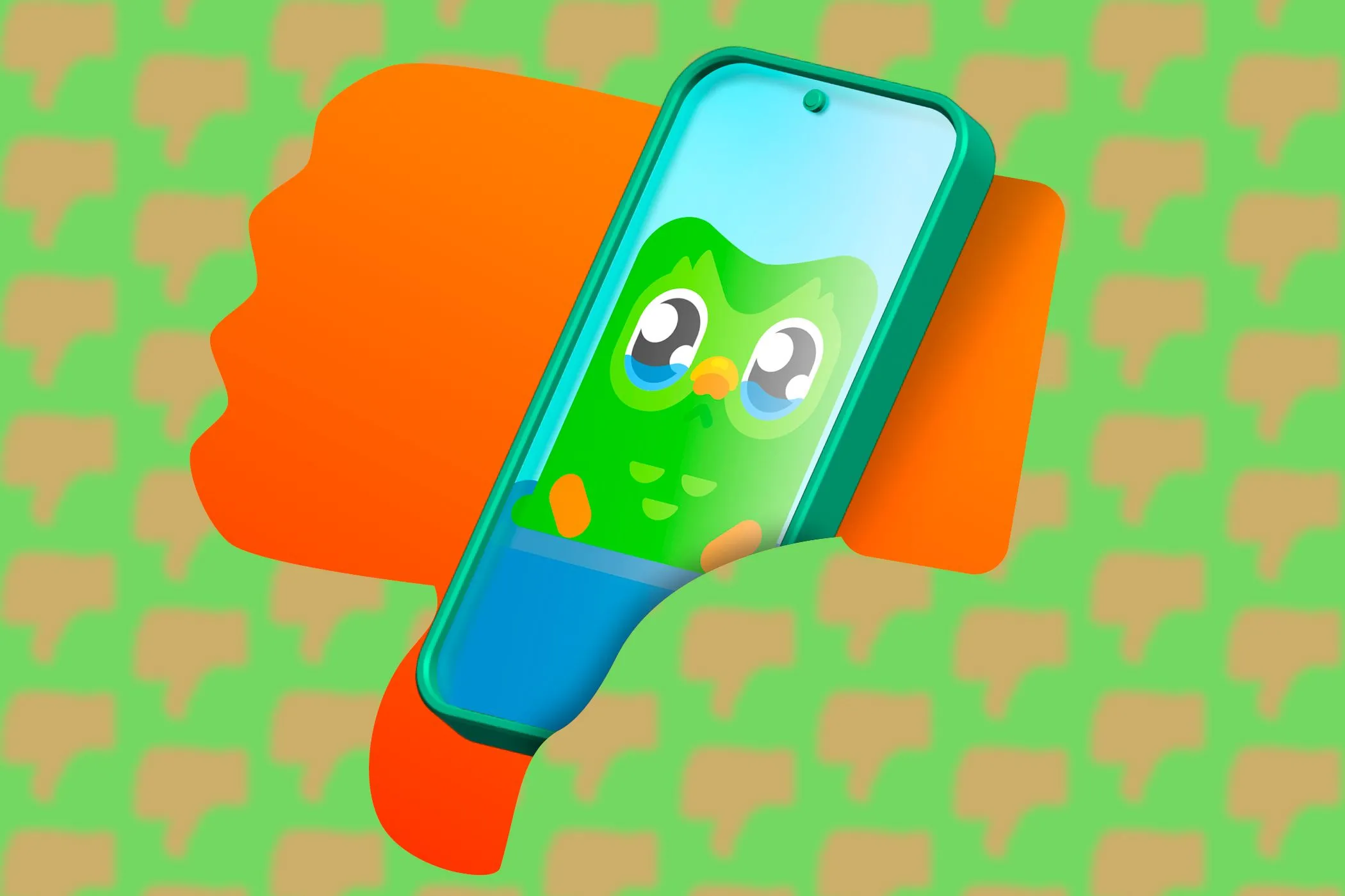 Điện thoại hiển thị ứng dụng Duolingo với biểu tượng ngón tay cái xuống