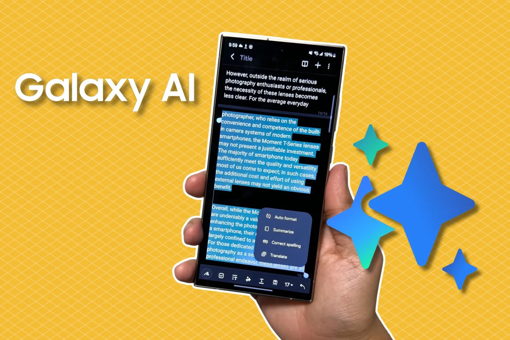 Điện thoại Samsung Galaxy S24 Ultra hiển thị biểu tượng Galaxy AI, minh họa các tính năng AI mới