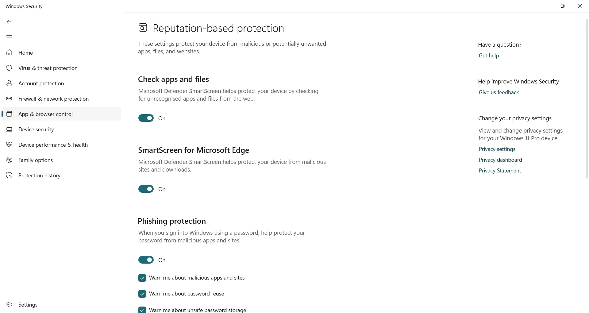Điều chỉnh cài đặt Bảo vệ dựa trên danh tiếng trong Windows Security