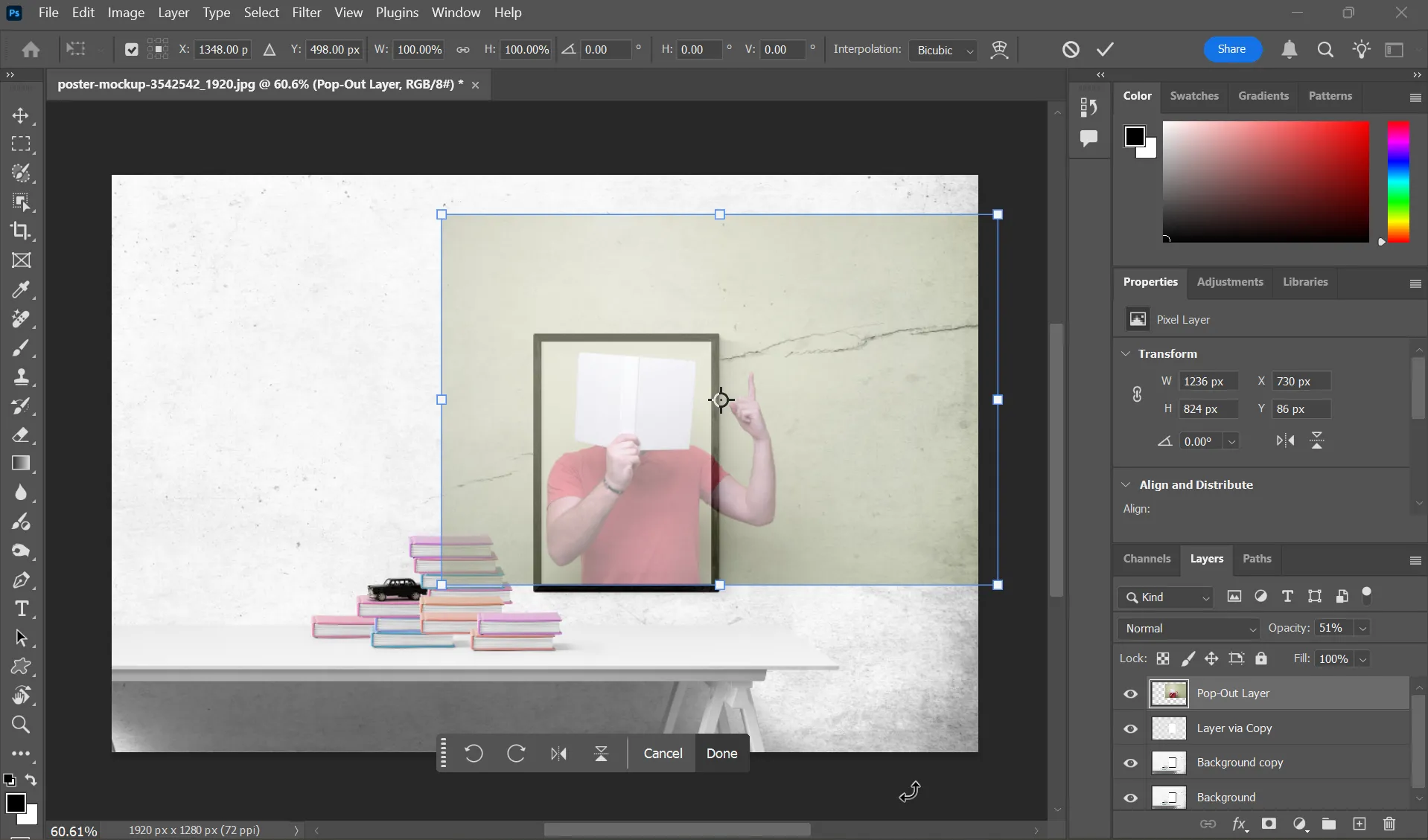 Điều chỉnh kích thước và vị trí ảnh chủ thể cho hiệu ứng pop-out 3D trong Photoshop