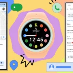 Đồ họa minh họa Samsung Galaxy Watch cho trẻ em được quản lý qua điện thoại Galaxy với các tính năng như định vị và danh bạ an toàn.