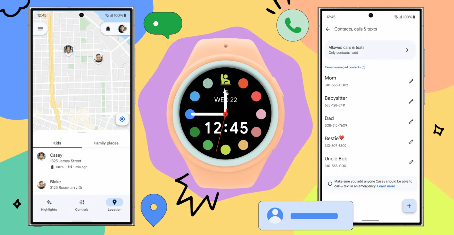 Đồ họa minh họa Samsung Galaxy Watch cho trẻ em được quản lý qua điện thoại Galaxy với các tính năng như định vị và danh bạ an toàn.