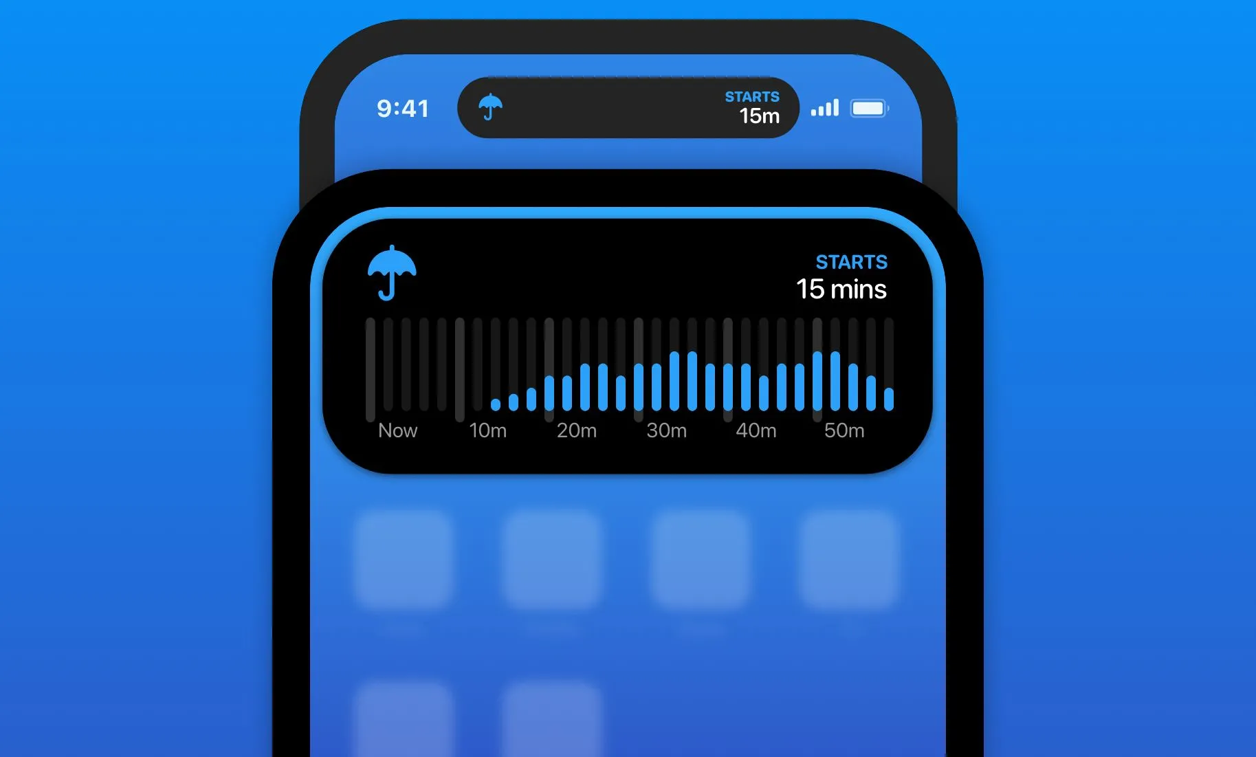 Dự báo thời tiết Carrot Weather hiển thị trực tiếp trên Dynamic Island iPhone.