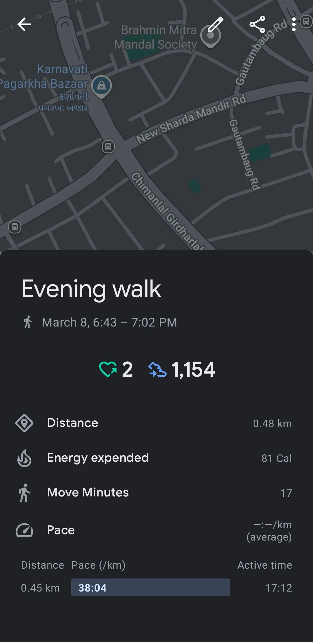 Dữ liệu chi tiết về một buổi đi bộ buổi tối trên Google Fit, bao gồm lộ trình và thông số.