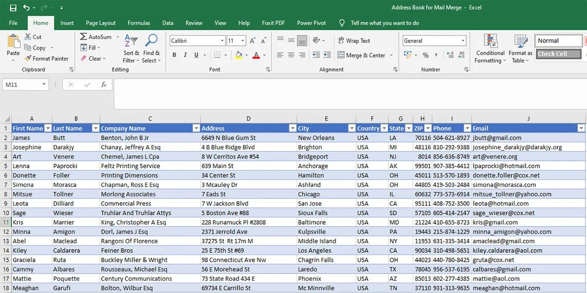Dữ liệu người nhận được tổ chức trong bảng tính Excel, sẵn sàng sử dụng cho tính năng Mail Merge trong Word để gửi email cá nhân hóa.