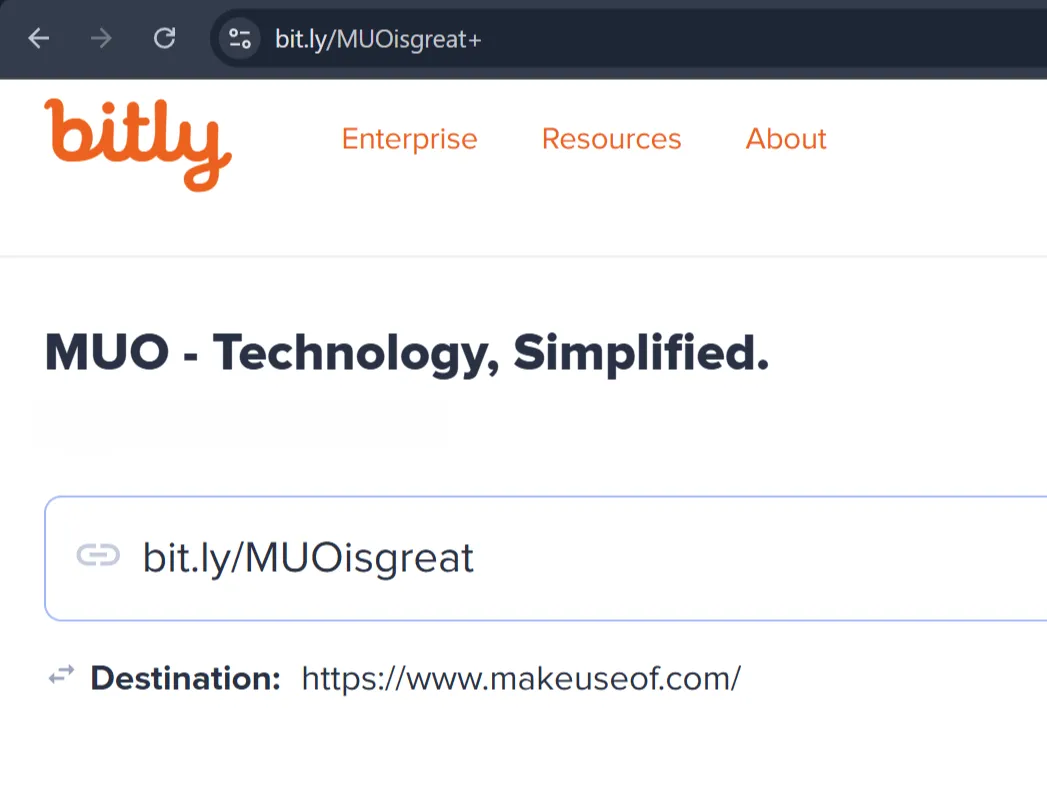 Đường link Bitly rút gọn dẫn đến trang chủ MakeUseOf.