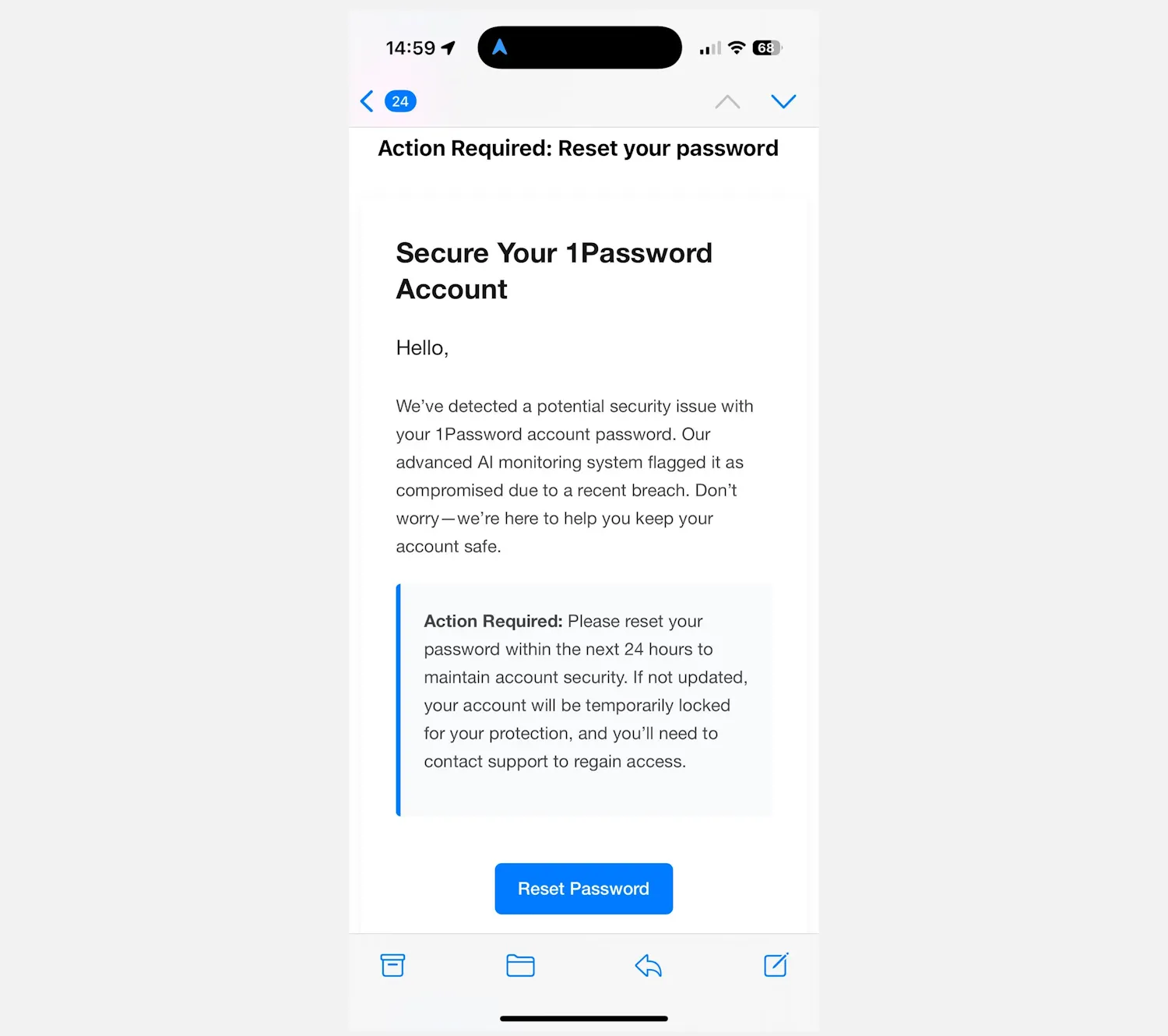 Email lừa đảo giả mạo yêu cầu đặt lại mật khẩu 1Password