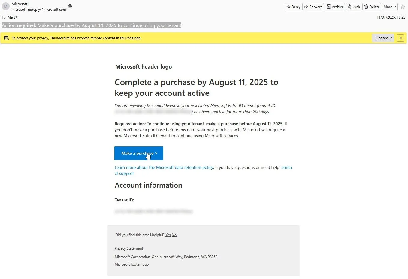 Email Microsoft Entra ID yêu cầu mua hàng