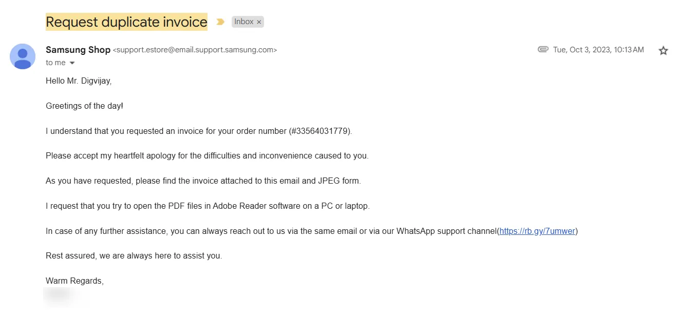 Email phản hồi từ Samsung về yêu cầu cấp lại hóa đơn chứng minh quyền sở hữu thiết bị