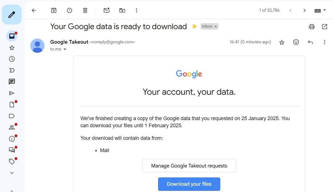Email thông báo từ Google Takeout chứa liên kết tải xuống dữ liệu Gmail
