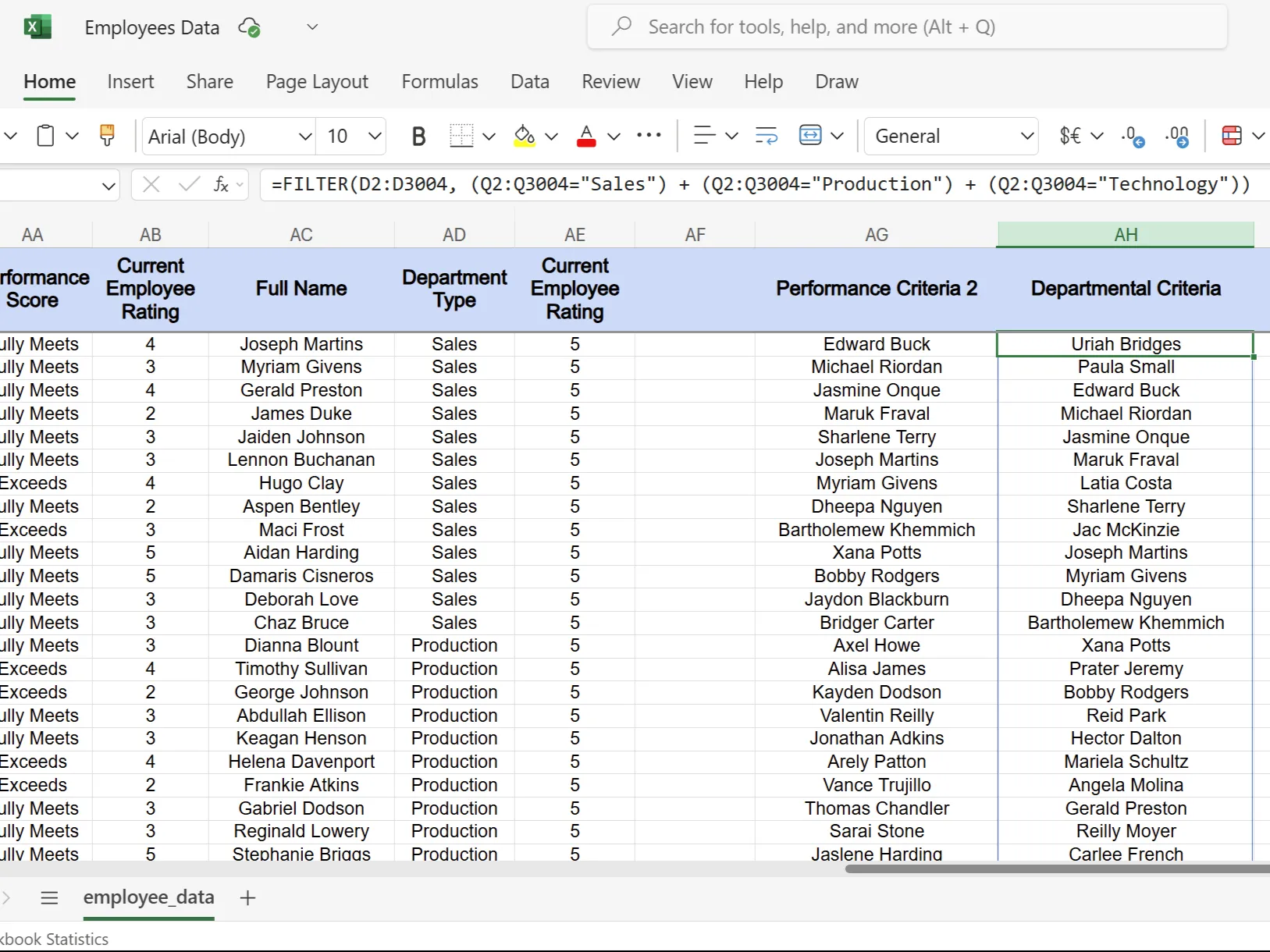 Excel spreadsheet featuring departmental criteria for active employees using the FILTER function