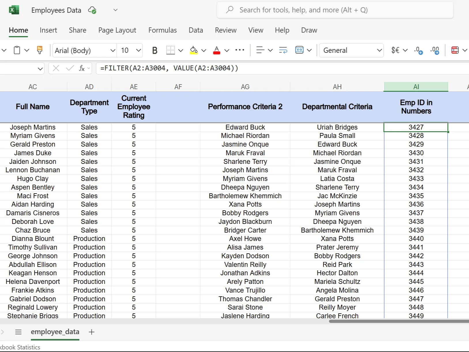 Excel spreadsheet featuring employee ID in numbers using the VALUE function