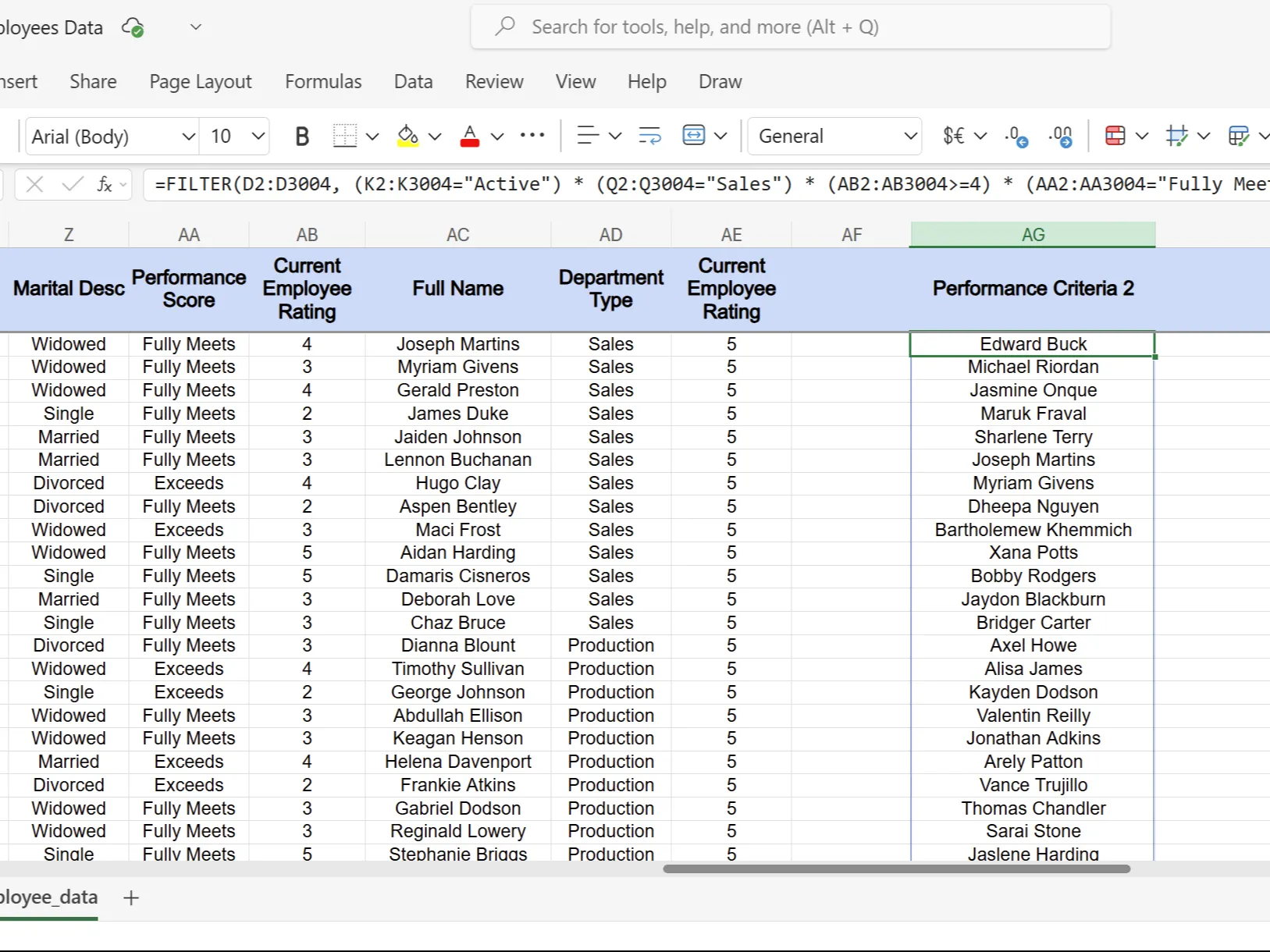 Excel spreadsheet featuring performance criteria for active employees using the FILTER function